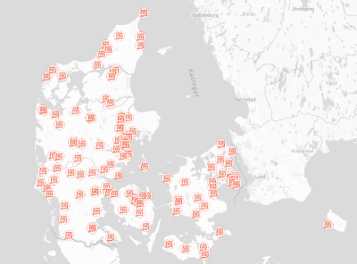 Kort over padel-centre i Danmark